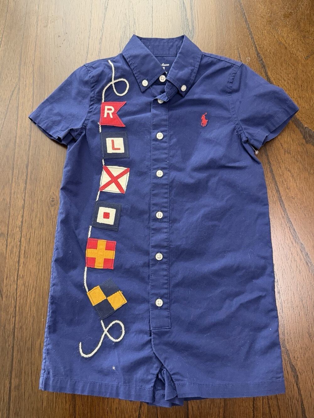 Ralph Lauren Boy 18 M Short Sleeve Button Romper Nautical Flag Appliqué Patches
